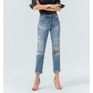 VERVET | ROLLED UP DISTRESSED PATCHWORK MOM JEANS